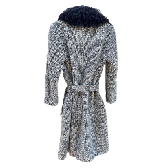 OLIVER Tweed Faux Fur Collar Belted Long Coat Women Black White Herringbone - Picture 7 of 7
